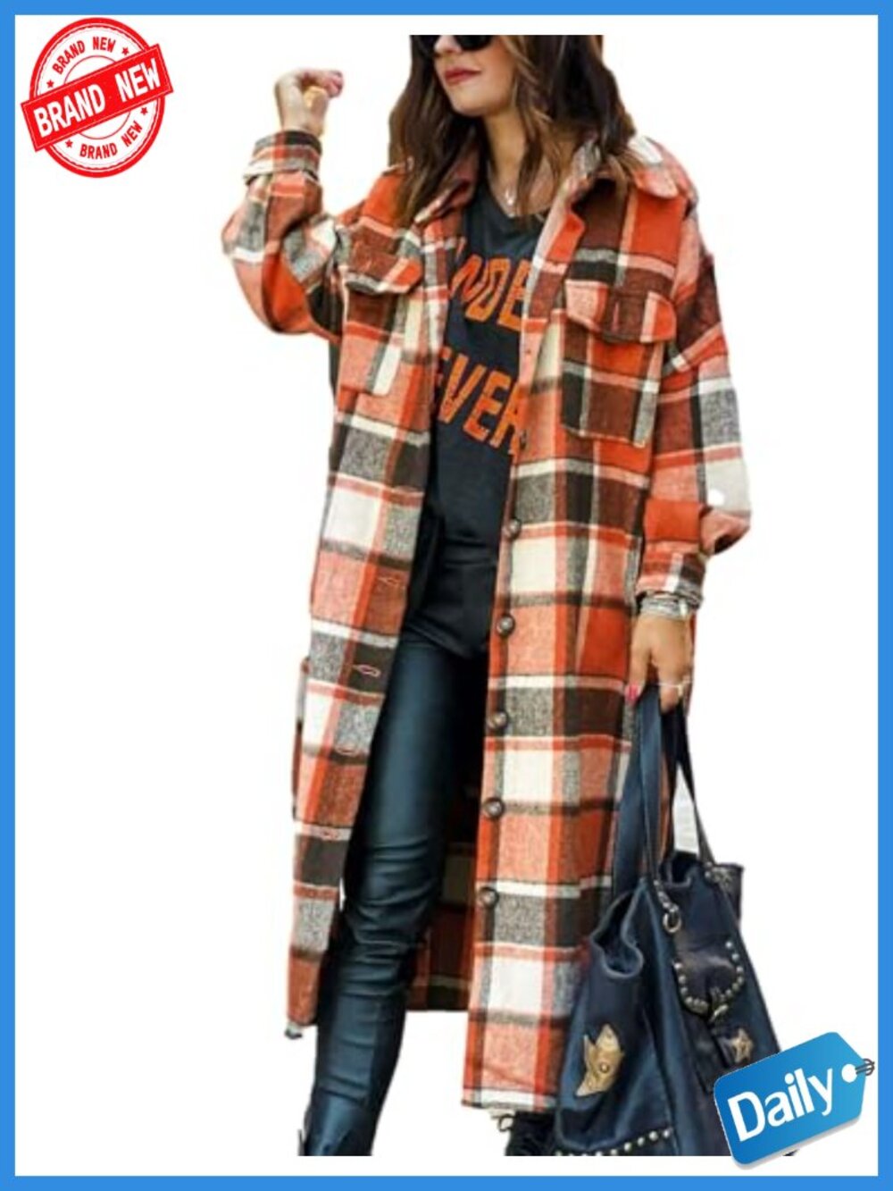 Tartan Plaid Button Up Long Shacket Coat with Pockets